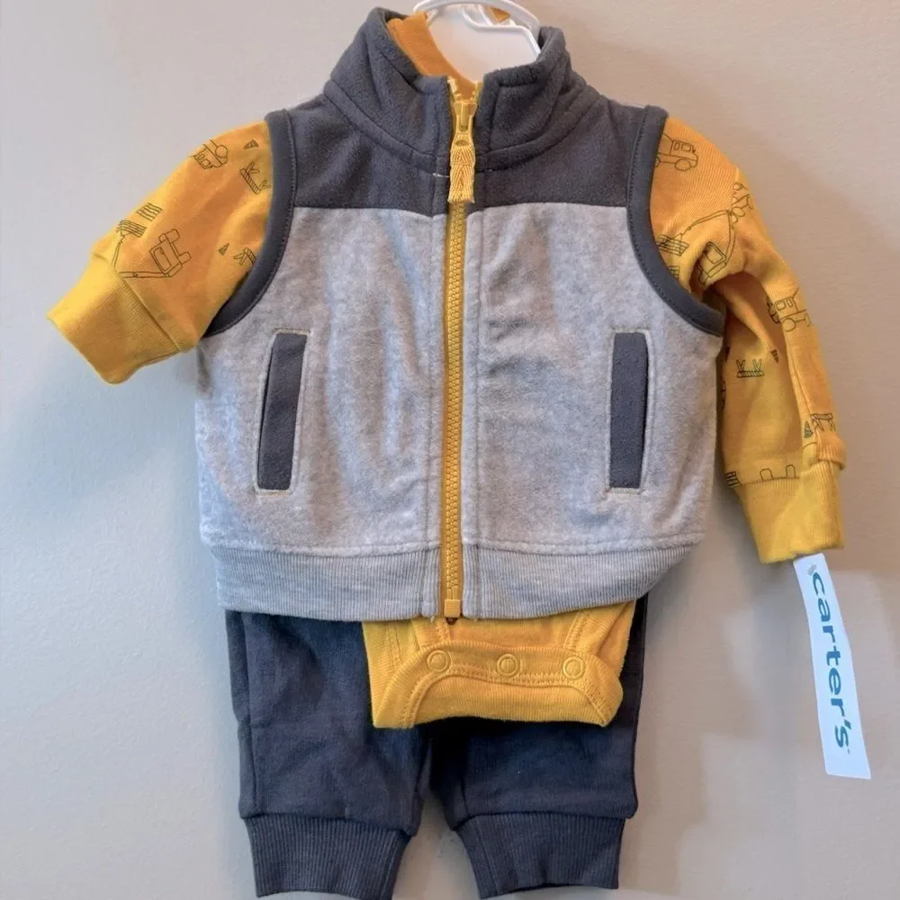 Carter's Baby Boy Dump Truck Hoodie, Printed Bodysuit Jeggings Set Size 0M, NB